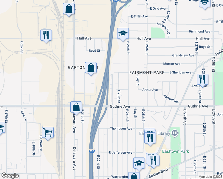 map of restaurants, bars, coffee shops, grocery stores, and more near 2516 East 23rd Street in Des Moines