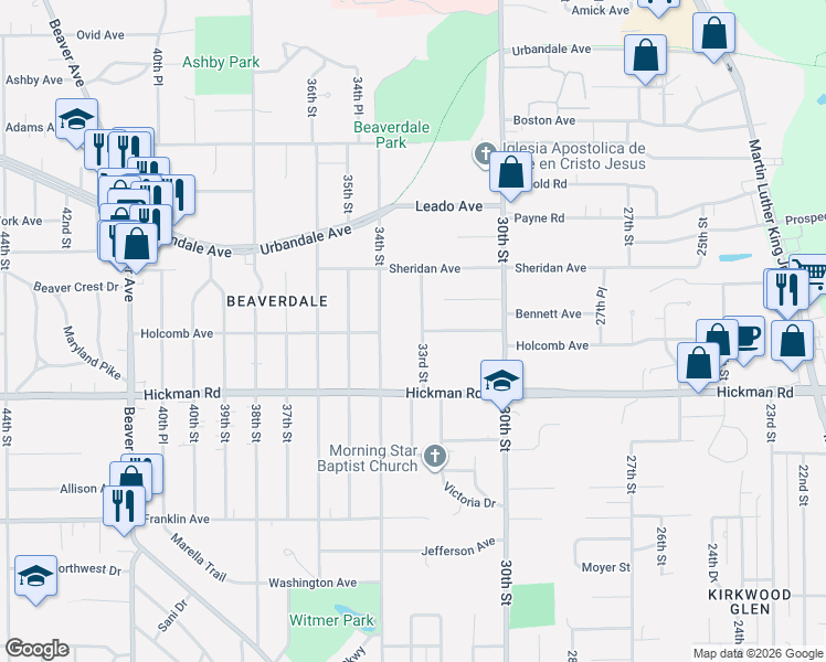 map of restaurants, bars, coffee shops, grocery stores, and more near 2517 33rd Street in Des Moines