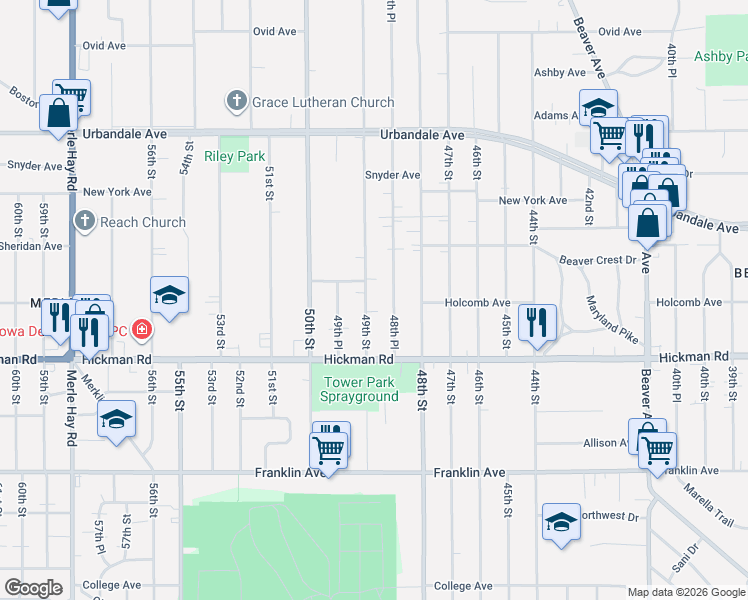 map of restaurants, bars, coffee shops, grocery stores, and more near 4903 Holcomb Avenue in Des Moines