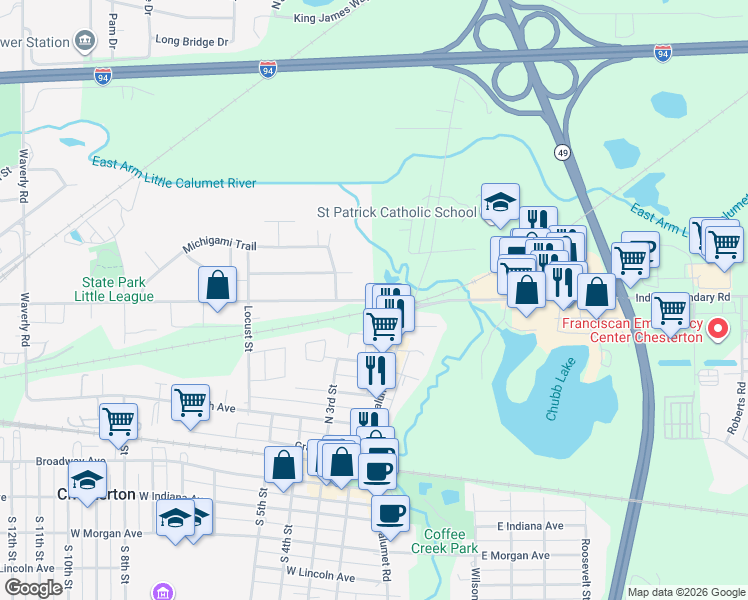 map of restaurants, bars, coffee shops, grocery stores, and more near 110 Woodlawn Avenue in Chesterton