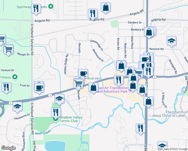 map of restaurants, bars, coffee shops, grocery stores, and more near 1245 Hiddenwood Court in Toledo