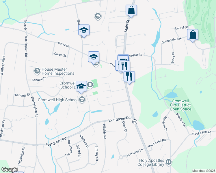 map of restaurants, bars, coffee shops, grocery stores, and more near 18 Fairview Heights in Cromwell