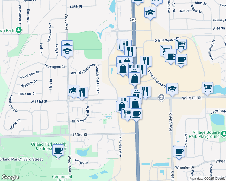 map of restaurants, bars, coffee shops, grocery stores, and more near 15010 South Ravinia Avenue in Orland Park