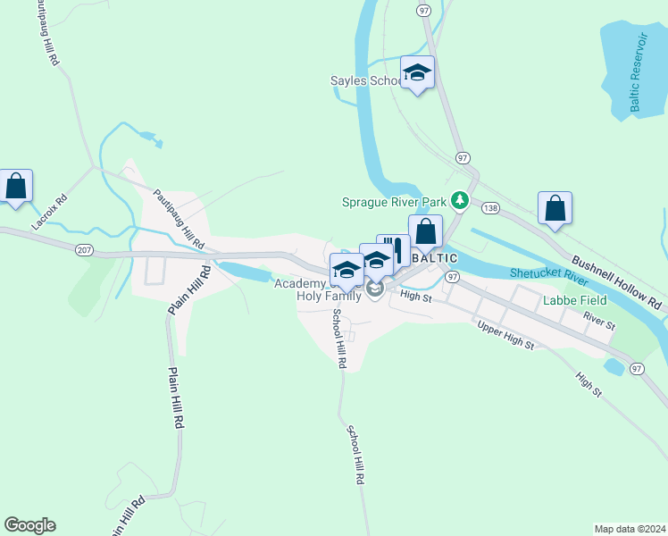 map of restaurants, bars, coffee shops, grocery stores, and more near 121 West Main Street in Sprague