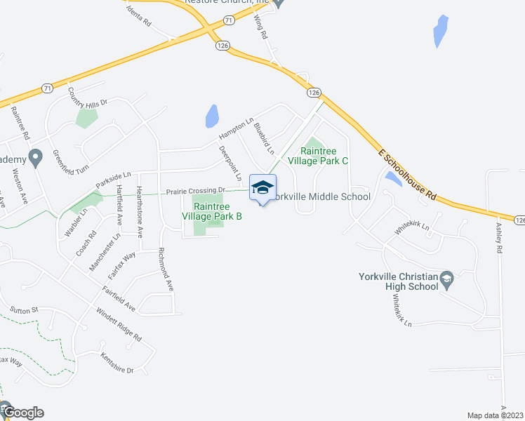 map of restaurants, bars, coffee shops, grocery stores, and more near 920 Prairie Crossing Drive in Yorkville