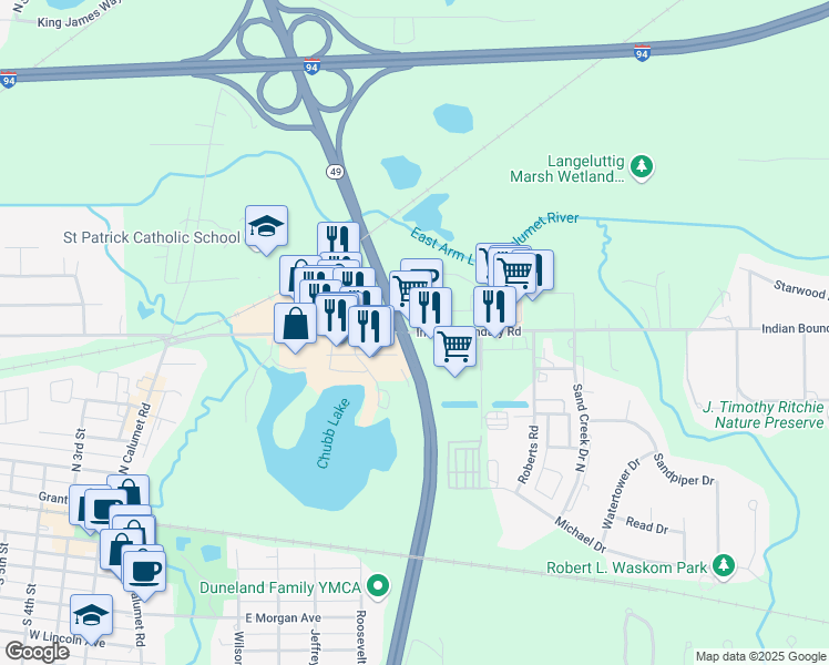 map of restaurants, bars, coffee shops, grocery stores, and more near 770 Indian Boundary Road in Chesterton