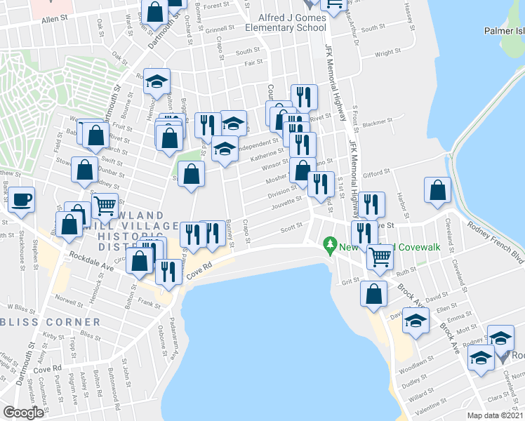 map of restaurants, bars, coffee shops, grocery stores, and more near 85 Jouvette Street in New Bedford