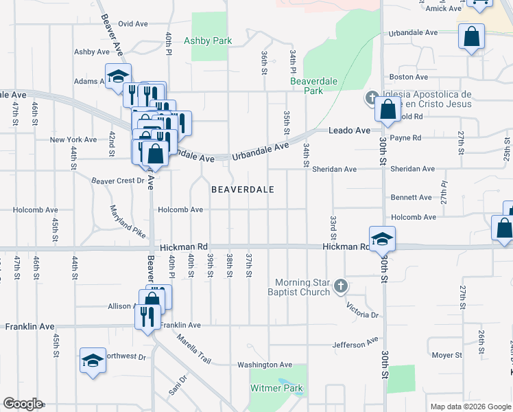 map of restaurants, bars, coffee shops, grocery stores, and more near 2518 36th Street in Des Moines