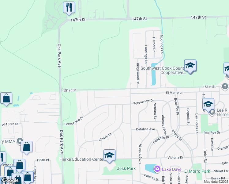 map of restaurants, bars, coffee shops, grocery stores, and more near 6500 151st Street in Oak Forest