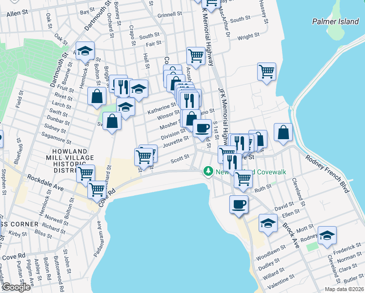 map of restaurants, bars, coffee shops, grocery stores, and more near 14 Jouvette Street in New Bedford