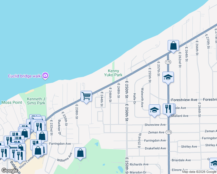 map of restaurants, bars, coffee shops, grocery stores, and more near 24601 Lakeshore Boulevard in Euclid