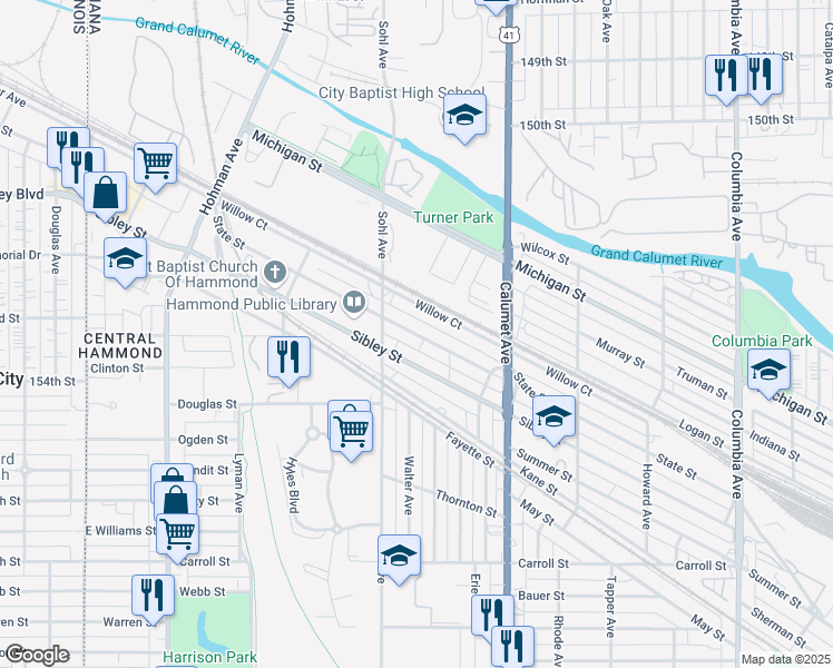 map of restaurants, bars, coffee shops, grocery stores, and more near 615 State Street in Hammond