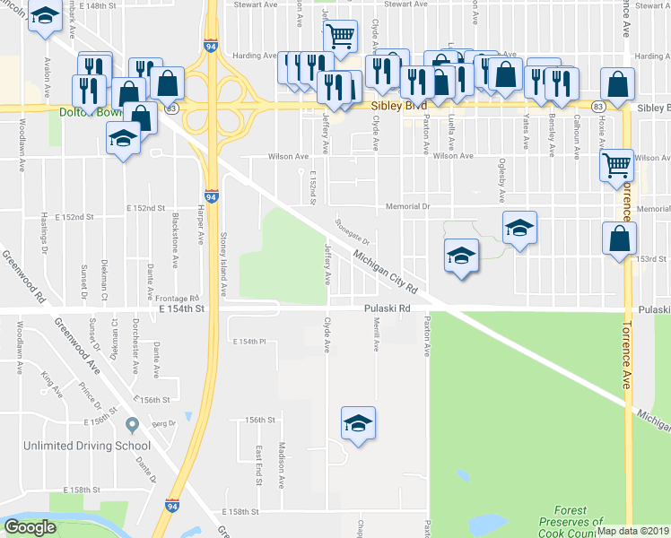 map of restaurants, bars, coffee shops, grocery stores, and more near 1933 Michigan City Road in Calumet City