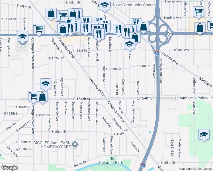 map of restaurants, bars, coffee shops, grocery stores, and more near 15234 Meadow Lane in Dolton