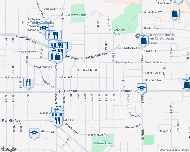 map of restaurants, bars, coffee shops, grocery stores, and more near 2518 36th Street in Des Moines
