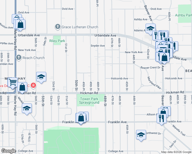 map of restaurants, bars, coffee shops, grocery stores, and more near 2516 48th Place in Des Moines