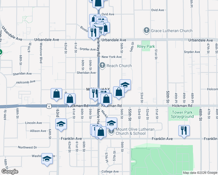 map of restaurants, bars, coffee shops, grocery stores, and more near 2525 57th Street in Des Moines