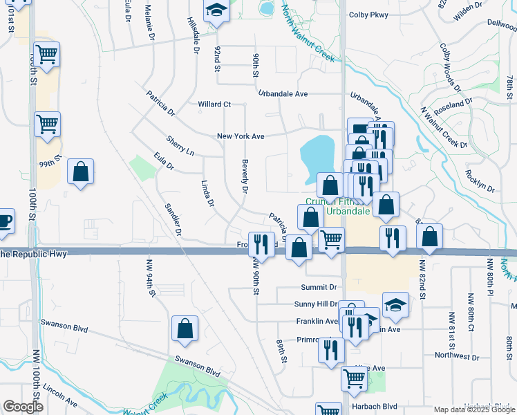 map of restaurants, bars, coffee shops, grocery stores, and more near 2703 Beverly Drive in Urbandale