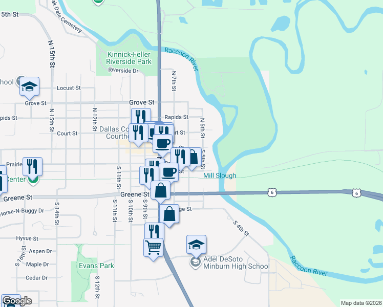 map of restaurants, bars, coffee shops, grocery stores, and more near 608 Main Street in Adel