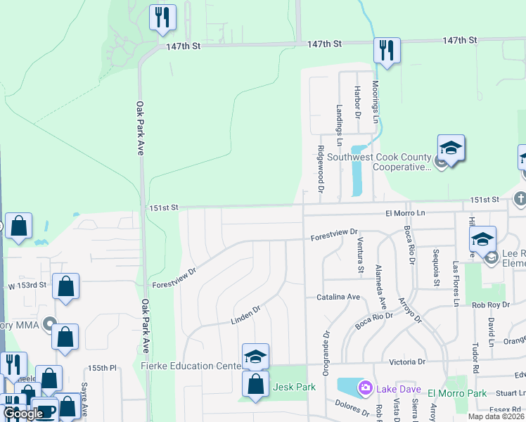 map of restaurants, bars, coffee shops, grocery stores, and more near 6500 151st Street in Oak Forest