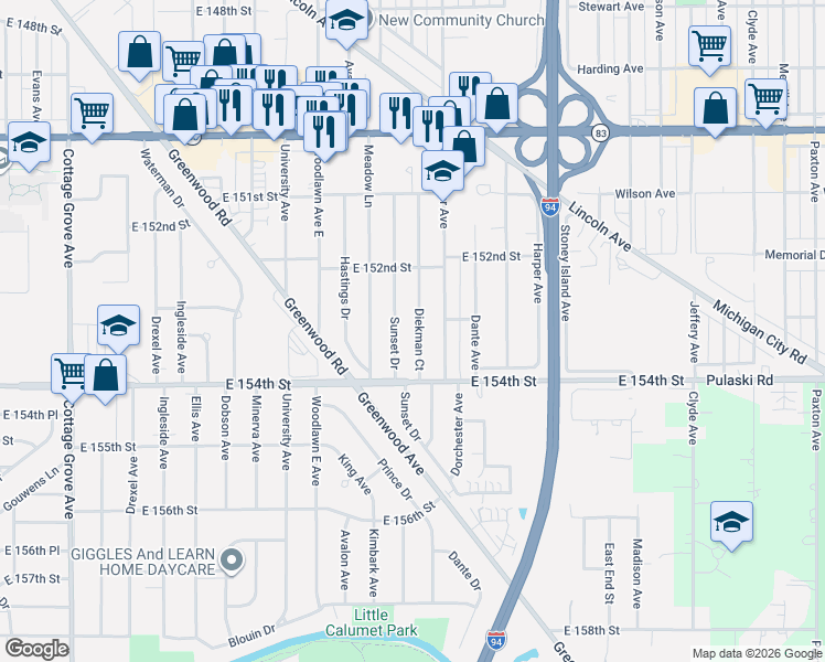 map of restaurants, bars, coffee shops, grocery stores, and more near 15235 Sunset Drive in Dolton