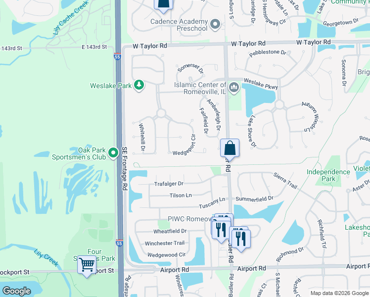 map of restaurants, bars, coffee shops, grocery stores, and more near 1981 Rosehill Court in Romeoville