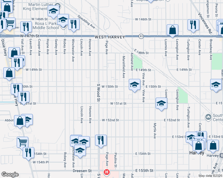map of restaurants, bars, coffee shops, grocery stores, and more near 50 West 150th Street in Harvey