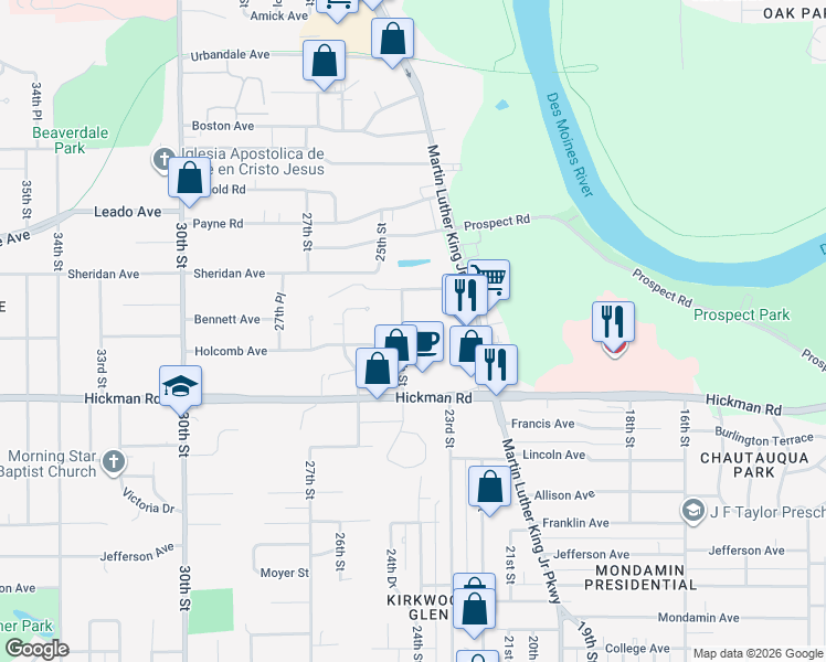 map of restaurants, bars, coffee shops, grocery stores, and more near 2601 24th Street in Des Moines
