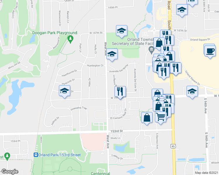 map of restaurants, bars, coffee shops, grocery stores, and more near 9980 West 151st Street in Orland Park