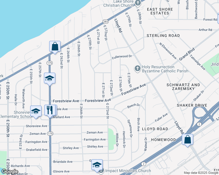 map of restaurants, bars, coffee shops, grocery stores, and more near 411 East 271st Street in Euclid