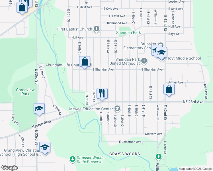 map of restaurants, bars, coffee shops, grocery stores, and more near 2417 East 38th Street in Des Moines
