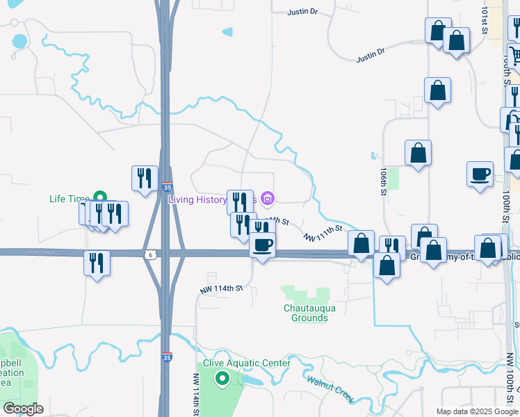 map of restaurants, bars, coffee shops, grocery stores, and more near 2600 111th Street in Urbandale
