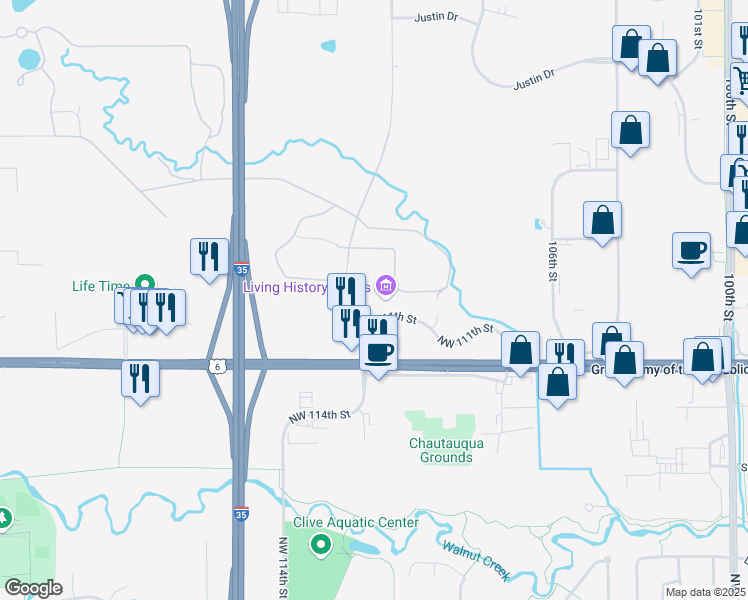 map of restaurants, bars, coffee shops, grocery stores, and more near 2600 111th Street in Urbandale