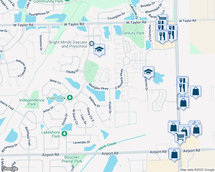 map of restaurants, bars, coffee shops, grocery stores, and more near 101 Azalea Circle in Romeoville