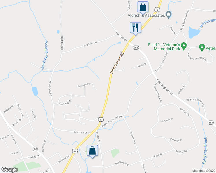 map of restaurants, bars, coffee shops, grocery stores, and more near 475 Thomaston Road in Watertown