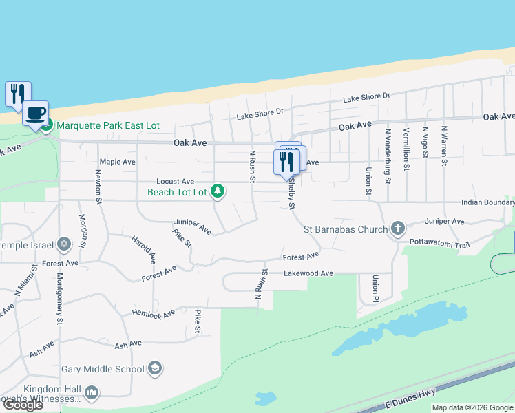 map of restaurants, bars, coffee shops, grocery stores, and more near 8232 Indian Boundary in Gary