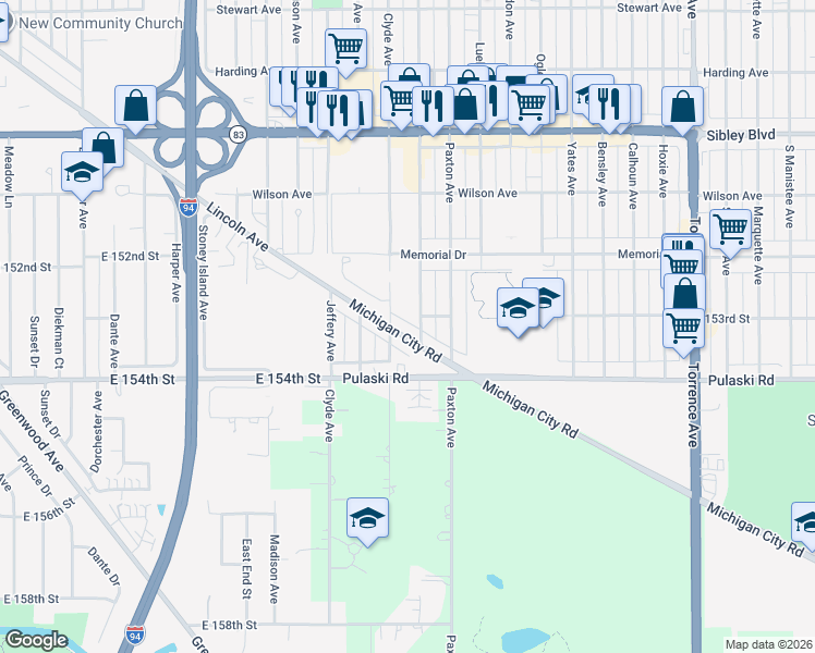 map of restaurants, bars, coffee shops, grocery stores, and more near 1864 Michigan City Road in Calumet City