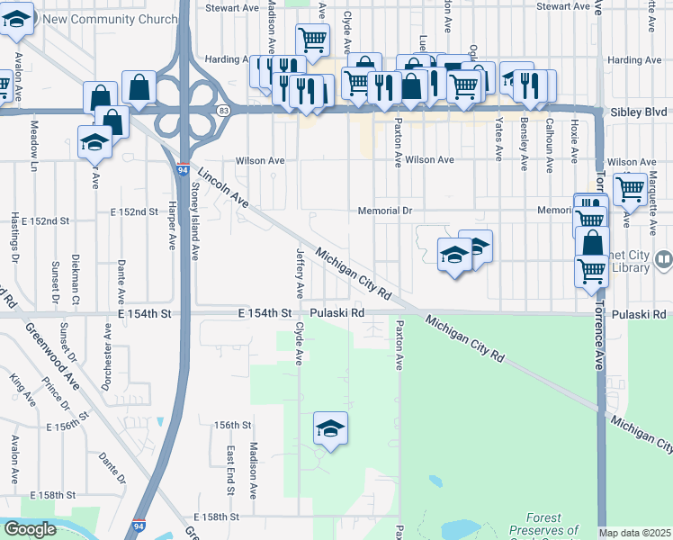 map of restaurants, bars, coffee shops, grocery stores, and more near 1885 Stonegate Drive in Calumet City
