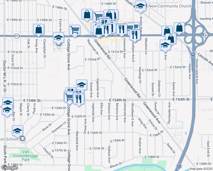 map of restaurants, bars, coffee shops, grocery stores, and more near 1013 East 153rd Street in South Holland
