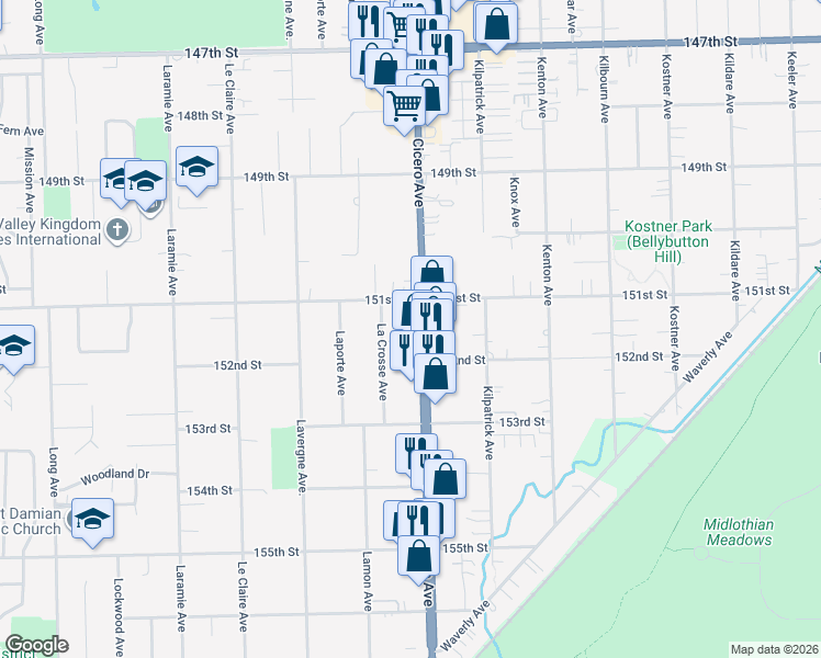 map of restaurants, bars, coffee shops, grocery stores, and more near 15103 La Crosse Avenue in Oak Forest