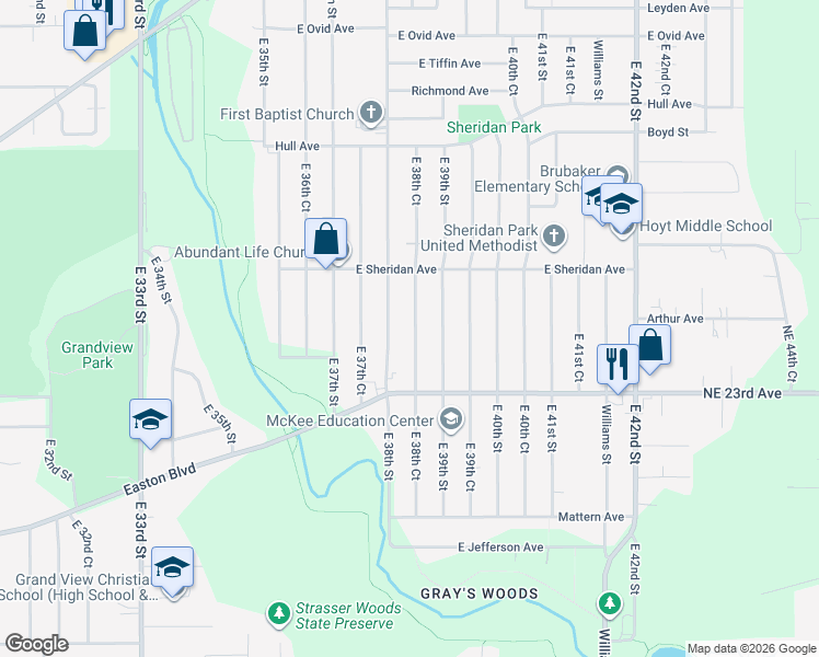 map of restaurants, bars, coffee shops, grocery stores, and more near 2417 East 38th Street in Des Moines