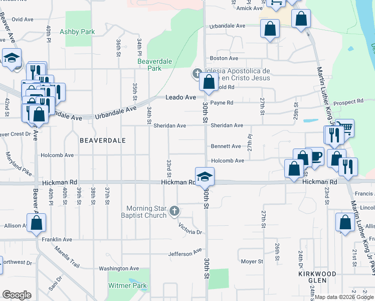 map of restaurants, bars, coffee shops, grocery stores, and more near 3100 Mann Avenue in Des Moines