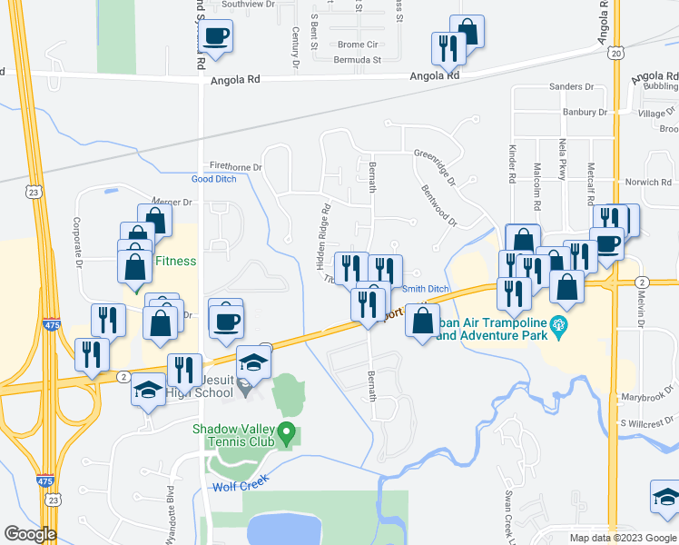 map of restaurants, bars, coffee shops, grocery stores, and more near 5714 Tibaron Lane in Toledo