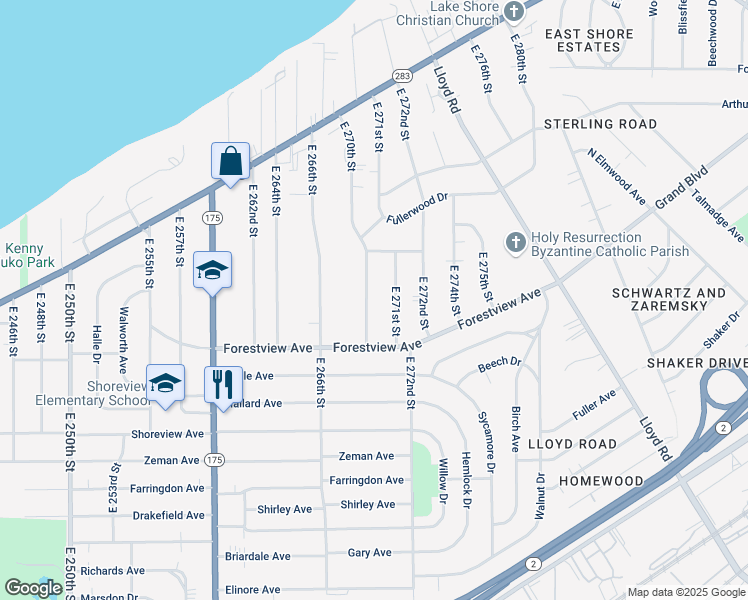 map of restaurants, bars, coffee shops, grocery stores, and more near 410 East 270th Street in Euclid