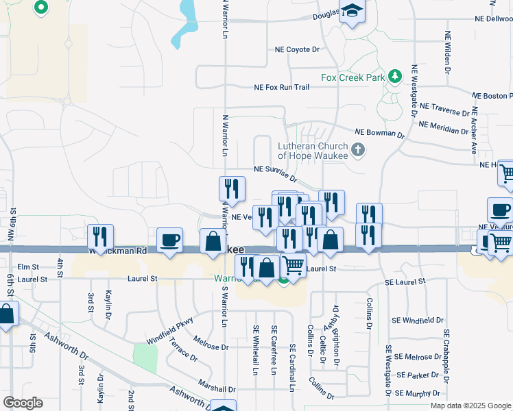 map of restaurants, bars, coffee shops, grocery stores, and more near 75 Northeast Venture Drive in Waukee