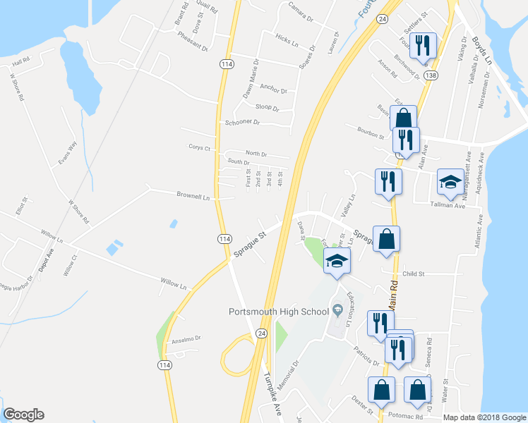 map of restaurants, bars, coffee shops, grocery stores, and more near 35 Bridgeview Way in Portsmouth