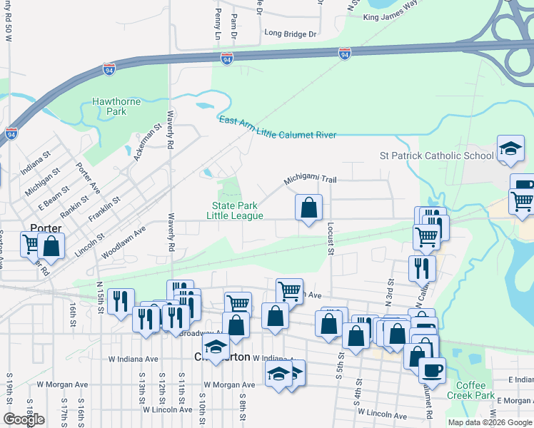 map of restaurants, bars, coffee shops, grocery stores, and more near 303 Michigami Trail in Porter