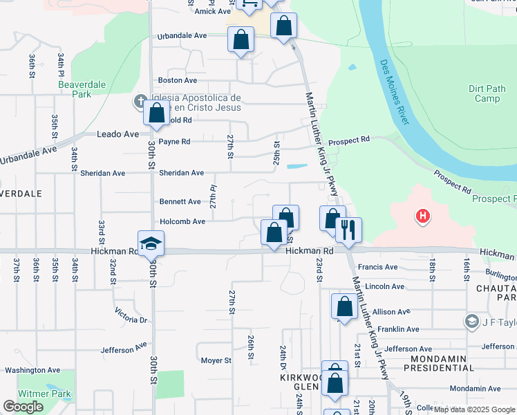 map of restaurants, bars, coffee shops, grocery stores, and more near 2509 26th Street in Des Moines