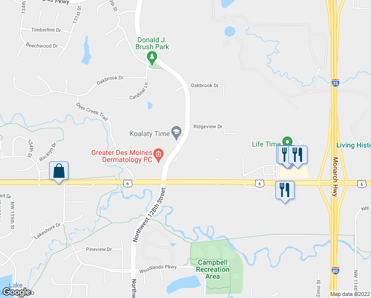 map of restaurants, bars, coffee shops, grocery stores, and more near 2521 Northwest 128th Street in Urbandale