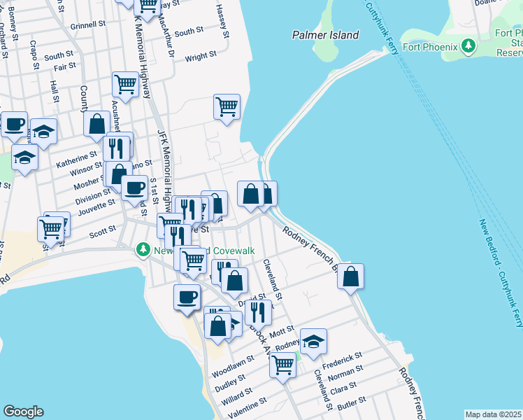 map of restaurants, bars, coffee shops, grocery stores, and more near 1909 Cove Street in New Bedford